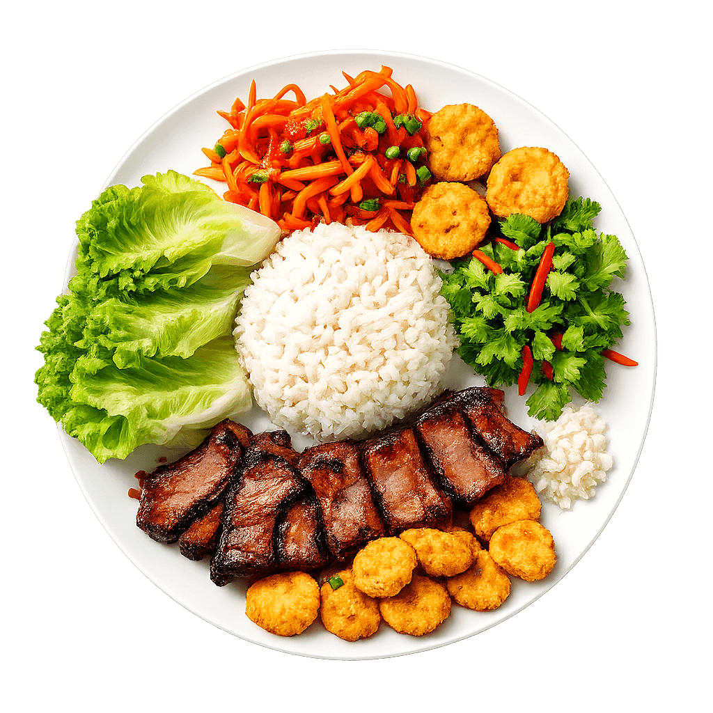 Farfurie cu carne la grătar, orez, legume și crochete, analizată de Maneos